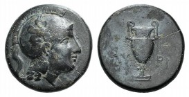 Aeolis, Myrina, 4th century BC. Æ (16mm, 4.12g, 6h). Helmeted head of Athena r. R/ Amphora. SNG Copenhagen 218-9. Green patina, near VF