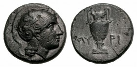 Aeolis, Myrina, 4th century BC. Æ (16mm, 3.72g, 6h). Helmeted head of Athena r. R/ Amphora. SNG Copenhagen 218-9. Dark tone, VF