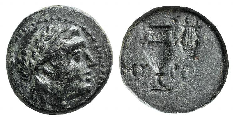 Aeolis, Myrina, c. 2nd century BC. Æ (15mm, 3.91g, 1h). Laureate head of Apollo ...