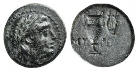 Aeolis, Myrina, c. 2nd century BC. Æ (15mm, 3.91g, 1h). Laureate head of Apollo r. R/ Amphora; kithara r. SNG Copenhagen 225; SNG von Aulock 1666. Gre...