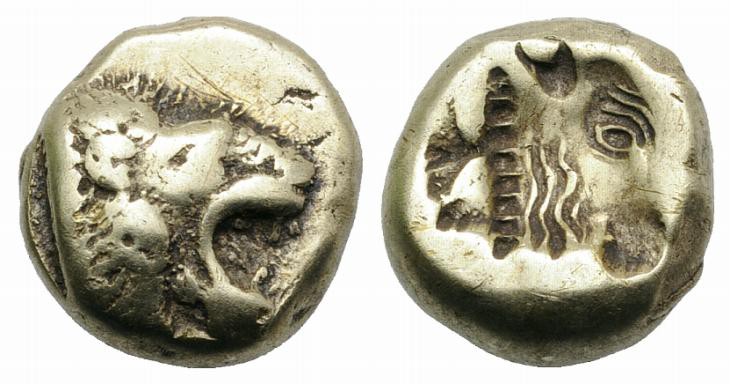 Lesbos, Mytilene, c. 521-478 BC. EL Hekte (9mm, 2.50g). Head of roaring lion r. ...