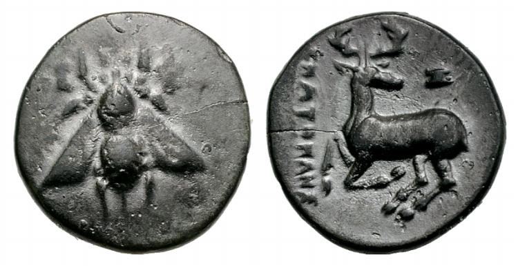 Ionia Ephesos, c. 390-320/00 BC. Æ (14mm, 1.61g, 12h). Bee. R/ Stag kneeling l.,...