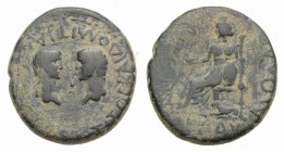 Titus and Domitian (Caesares, 69-81). Lycaonia, Laodicea Combusta. Æ (20mm, 5.15g, 6h). Confronted bare heads of Titus and Domitian. R/ Cybele seated ...