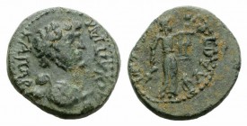 Domitian (Caesar, 69-81). Lydia, Flavia Philadelphia. Æ (14mm, 2.68g, 6h). Bare-headed and cuirassed bust r. R/ Apollo standing r., holding plectrum a...