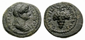 Domitia (Augusta, 82-96). Lydia, Philadelphia. Æ (15mm, 3.06g, 12h). Lagetas, magistrate. Draped bust r. R/ Bunch of grapes. RPC II 1336; SNG Copenhag...