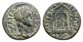 Trajan (98-117). Mysia, Pergamum. Æ (19mm, 4.60g, 12h). Radiate head of divus Augustus r. R/ Tetrastyle temple of Augustus, within which emperor stand...