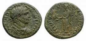 Trajan (98-117). Lydia, Philadelphia. Æ (24mm, 7.37g, 1h). C. B. Nigros, first archon. Laureate, draped and cuirassed bust r. R/ Zeus Laodiceus standi...
