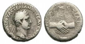 Trajan (98-117). Cappadocia, Caesaraea-Eusebia. AR Didrachm (20mm, 6.08g, 12h). Laureate head r. R/ Clasped hands, holding standard on prow. Cf. RPC I...