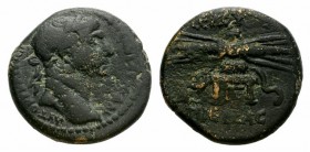 Trajan (98-117). Seleucis and Pieria, Seleucia. Æ (24mm, 11.60g, 6h). Laureate head r. R/ Thunderbolt on cushion placed on stool; Γ below. RPC III 378...