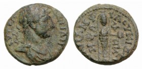 Hadrian (117-138). Caria, Cidramus. Æ (17mm, 3.16g, 6h). Pamphilos, magistrate. Laureate and draped bust r. R/ Facing cult statue of Artemis Ephesia. ...