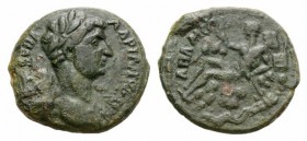Hadrian (117-138). Phrygia, Apamea. Æ (20mm, 4.33g, 6h). Laureate bust r., wearing aegis. R/ River god Marsyas reclining l. within cavern, holding cor...