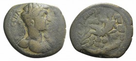 Hadrian (117-138). Phrygia, Apamea. Æ (22mm, 4.16g, 6h). Laureate bust r., wearing aegis. R/ River god Marsyas reclining l. within cavern, holding cor...