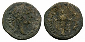 Hadrian (117-138). Phrygia, Eumenea. Æ (25mm, 10.65g, 6h). Laureate head r. R/ Cult statue of Artemis Ephesia with supports, between two stags. RPC II...