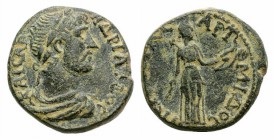Hadrian (117-138). Pamphylia, Perge. Æ (19mm, 5.44g, 6h). Laureate and draped bust r. R/ Artemis standing r., holding arrow and bow. Cf. RPC III 2696;...
