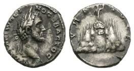 Antoninus Pius (138-161). Cappadocia, Caesarea. AR Drachm (16mm, 3.16g, 6h), year 2 (AD 139). Bare head r. R/ Mt. Argaeus surmounted by Helios standin...