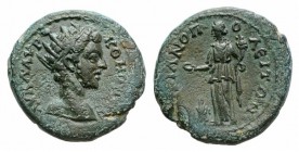 Commodus (177-192). Thrace, Hadrianopolis. Æ (22mm, 5.61g, 12h). Radiate head r. R/ Homonoia standing l., holding patera over altar and cornucopia. RP...