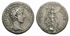 Commodus (177-192). Cappadocia, Caesarea-Eusebia. AR Drachm (19mm, 4.44g, 12h). Laureate head r. R/ Victory standing r. on globe, holding wreath and p...