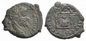 Septimius Severus (193-211). Seleucis and Pieria, Seleucia. Æ (21mm, 5.31g, 12h). Laureate head r. R/ Tetrastyle temple enclosing sacred stone of Zeus...