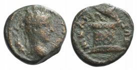 Caracalla (198-217). Bithynia, Nicaea. Æ (12mm, 2.08g, 7h). Laureate head r. R/ Serpent emerging from cista with open lid. RG 443. Brown patina, near ...