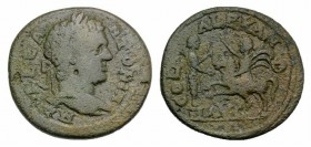 Caracalla (198-217). Troas, Alexandria. Æ (24mm, 7.45g, 6h). Laureate head r. R/ Caracalla on horseback l., raising r. hand; statue of Apollo Smintheu...
