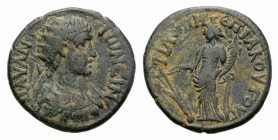 Caracalla (198-217). Phrygia, Philomelium. Æ (22mm, 5.03g, 5h). Akoutos, magistrate. Radiate, draped and cuirassed bust r. R/ Tyche standing l., holdi...