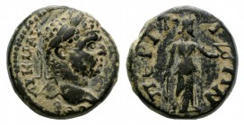 Caracalla (198-217). Pamphylia, Perge. Æ (17mm, 5.71g, 12h). Laureate head r. R/ Artemis standing r., holding bow and arrow. SNG BnF 450-1. Green pati...