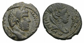 Caracalla (198-217). Mesopotamia, Carrhae. Æ (19mm, 4.40g, 6h). Laureate head r. R/ Veiled and turreted bust of Tyche r.; cornucopia before. BMC 38. G...