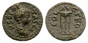 Geta (Caesar, 198-209). Troas, Alexandria. Æ (14mm, 2.14g, 12h). Bare-headed and draped bust r. R/ Tripod. Bellinger A254. Rare, brown patina, VF
