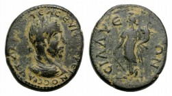 Macrinus (217-218). Pamphylia, Sillyum. Æ (20mm, 5.01g, 6h). Laureate and draped bust r. R/ Tyche standing l., holding rudder and cornucopia. SNG von ...