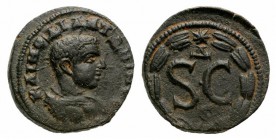 Diadumenian (Caesar, 217-218). Seleucis and Pieria, Antioch. Æ As (19.5mm, 5.05g, 12h). Bare-headed and cuirassed bust r. R/ S • C, Δ above, Є below; ...
