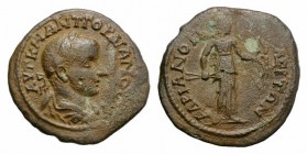 Gordian III (238-244). Thrace, Hadrianopolis. Æ (30mm, 9.66g, 7h). Laureate, draped and cuirassed bust r. R/ Artemis standing r., holding two arrows a...