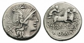 Pinarius Natta, Rome, 149 BC. AR Denarius (17mm, 3.97g, 3h). Helmeted head of Roma r. R/ Victory in biga r. Crawford 208/1; RBW 891; RSC Pinaria 1. VF