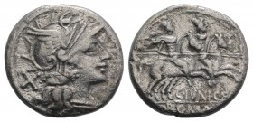 C. Junius C.f., Rome, 149 BC. AR Denarius (18mm, 3.66g, 6h). Helmeted head of Roma r. R/ Dioscuri riding r., stars above; C. IVNI. C. F below. Crawfor...