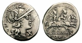Q. Marcius Libo, Rome, 148 BC. AR Denarius (18mm, 3.82g, 11h). Helmeted head of Roma r. R/ The Dioscuri on horseback r. Crawford 215/1; RBW 1500; RSC ...