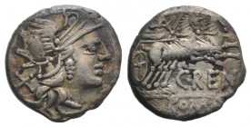 C. Renius, Rome, 138 BC. AR Denarius (15mm, 3.47g, 3h). Helmeted head of Roma r. R/ Juno Caprotina driving biga of goats r., holding whip, reins, and ...