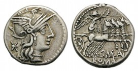 P. Maenius Antiaticus, Rome, 132 BC. AR Denarius (19mm, 3.84g, 3h). Helmeted head of Roma r. R/ Victory in prancing quadriga r., holding palm-branch a...