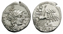 Q. Fabius Labeo, Rome, 124 BC. AR Denarius (17mm, 3.90g, 10h). Helmeted head of Roma r. R/. Jupiter in prancing quadriga r., holding sceptre and reins...