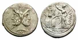 M. Furius L.f. Philus, Rome, 119 BC. AR Denarius (18mm, 3.88g, 1h). Laureate head of Janus. R/ Roma standing l., crowning trophy of Gallic arms; to r....