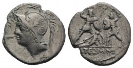 Q. Minucius Thermus M. f. Roma, 103 BC. AR Denarius (18.5mm, 3.54g, 3h) Helmeted bust of Mars l. R/ Two warriors in combat, one on l. protecting a fal...