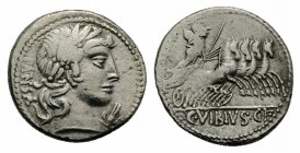 C. Vibius C.f. Pansa, Rome 90 BC. AR Denarius (20mm, 3.85g, 3h). Laureate head of Apollo r.; headdress of Isis below chin. R/ Minerva driving gallopin...