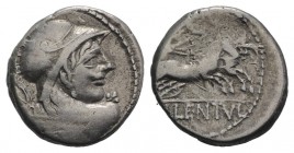 Cn. Lentulus Clodianus, Rome, 88 BC. AR Denarius (16mm, 3.91g, 6h). Helmeted bust of Mars r., seen from behind. R/ Victory driving biga r., holding wr...