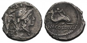 Roman Imperatorial, Mn. Cordius Rufus, Rome, 46 BC. AR Denarius (19mm, 3.75g, 12h). Diademed head of Venus r. R/ Cupid riding dolphin r. Crawford 463/...