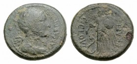 Julius Caesar and C. Clovius. Rome 46-45 BC, Æ (28mm, 14.62g, 11h). Draped bust of Victory r. R/ Minerva standing l., holding trophy, spear and shield...