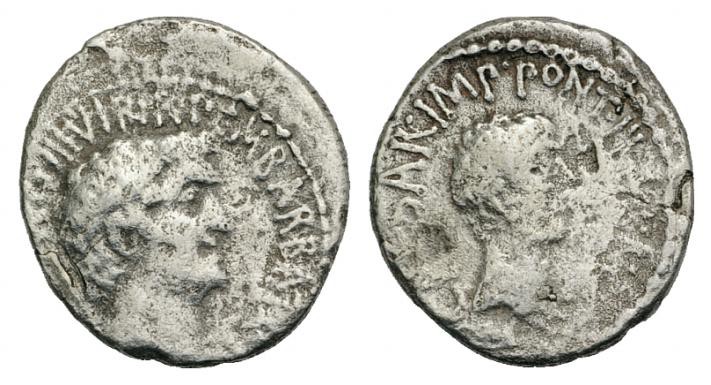 Marcus Antonius and Octavianus with M. Barbatius. Denarius, mint moving with M. ...