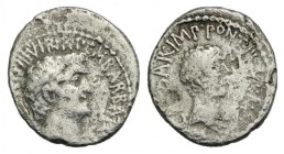 Marcus Antonius and Octavianus with M. Barbatius. Denarius, mint moving with M. Antony 41 BC, AR Denarius (17mm, 2.98g, 12h) Head of M. Antony r. Rev....