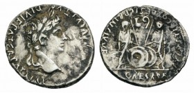 Augustus (27 BC-AD 14). AR Denarius (18mm, 3.00g, 11h). Lugdunum, 2 BC-AD 4. Laureate head r. R/ Caius and Lucius Caesars standing facing, holding shi...