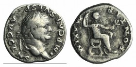 Vespasian (69-79). AR Denarius (17.5mm, 3.27g, 1h). Rome, AD 73. Laureate head r. R/ Vespasian seated r. on curule chair, with feet on footstool, hold...