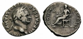 Vespasian (69-79). AR Denarius (18mm, 3.12g, 6h). Rome, AD 75. Laureate head r. R/ Pax seated l., holding branch. RIC II 772; RSC 366. Dark patina, VF