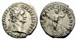 Domitian (81-96). AR Denarius (19mm, 3.14g, 6h). Rome, 91-2. Laureate head r. R/ Minerva standing l. with thunderbolt and spear, shield at her l. side...