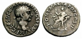 Trajan (98-117). AR Denarius (17mm, 3.50g, 6h), Rome, AD 98. Laureate head r. R/ Abundantia, holding sceptre, seated l. on curule chair comprised of c...